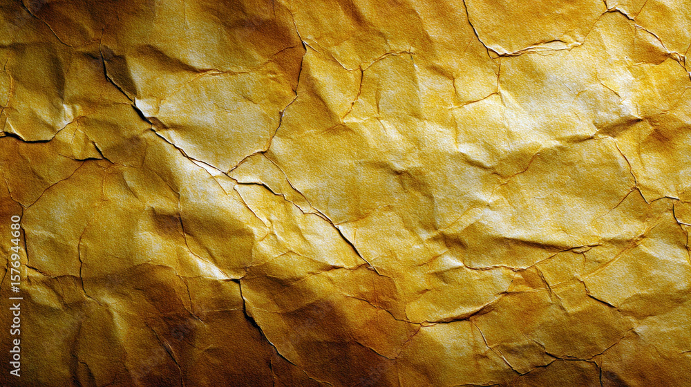 Poster this image features a vibrant golden crumpled paper texture, showcasing intricate folds and creases 