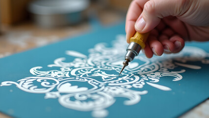 Close up of hand engraving detailed design on linoleum block with specialist tool engraving process