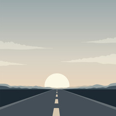 Illustration of a straight road with a background of mountains and the sun and some clouds above it