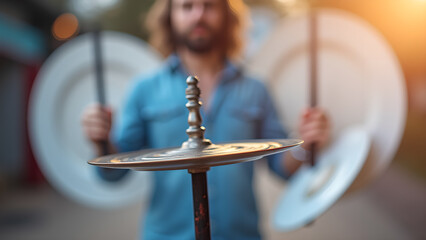 The musician prepares to create a melody with cymbals and percussion under the sunset light