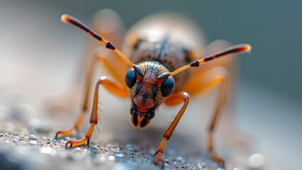 Intricate portrait of a longhorn beetle showcasing detailed anatomy and vibrant colors, set against bokeh backdrop