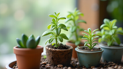 Assortment of small potted plants arranged on a surface near a blurred background showcasing greenery