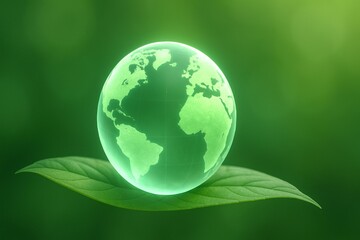 A glowing green globe rests on a lush green leaf, set against a vibrant green background. The globe represents Earth, and the leaf symbolizes nature and renewal.