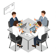 Isometric happy worker enjoying team lunch in office cafeteria on white background.
