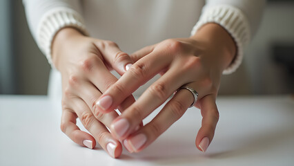 Close up elegant woman hands with ring show tenderness and care concept idea white