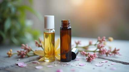 Elegant aromatherapy display featuring essential oil bottles, delicate flowers, and soft, natural lighting, offering a serene wellness experience