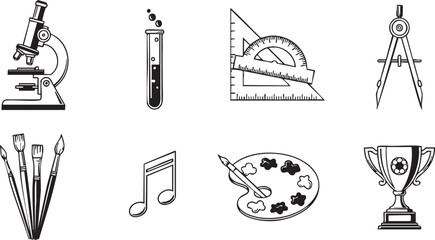 Collection of black and white icons representing education science art music and sports achievements