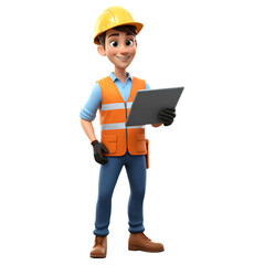 3D Character of a Male Engineer Explaining a Plan on a Tablet, AI Generated