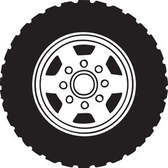 Black silhouette of a rugged off road tire and rim with a five spoke design on a white background
