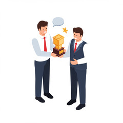 Isometric Illustration: Satisfied Worker Receives Performance Award in Office.