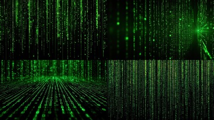 A four-paneled image showcasing abstract green digital rain patterns against a dark background