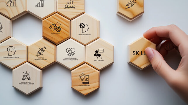Future skills, personal development concept. Key future skills represented on wooden hexagonal blocks, including adaptability, critical thinking, and emotional and social intelligence.