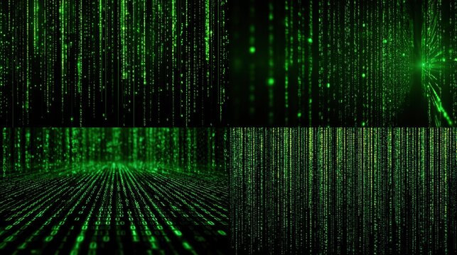 A four-paneled image showcasing abstract green digital rain patterns against a dark background