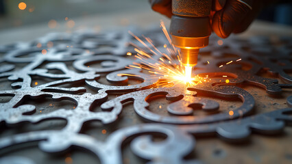 Precision cutting: Metalworking process using advanced technology laser cutting metal, creating intricate design
