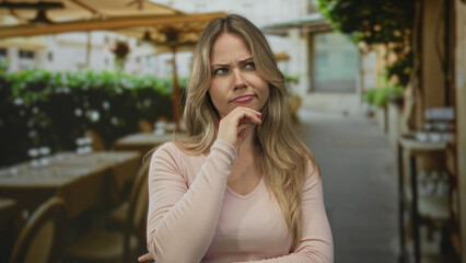 Fototapeta premium Female presents both open palms outward gesture on a busy restaurant terrace during daytime; indecision uncertainty choice doubt.