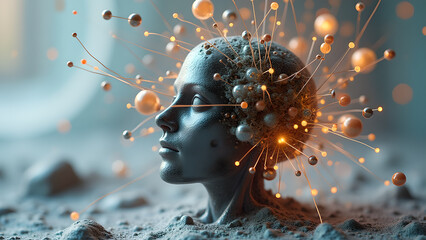 Conceptual image of a futuristic human head with interconnected nodes representing artificial intelligence and technology evolution