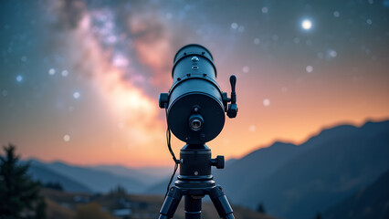 Exploring the Cosmos: Telescope Pointing at the Starry Night Sky with Mountains Backdrop