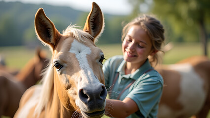 A beautiful day at the farm where a woman is petting a palomino horse with affection and tenderness in the sunlight
