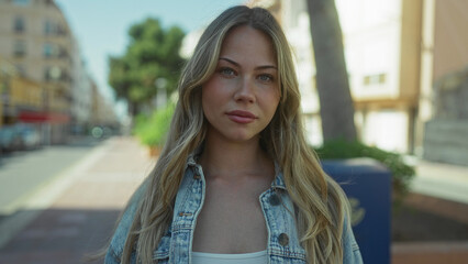 Woman with blonde hair wearing denim jacket smiles at camera on city street under bright sunlight;...