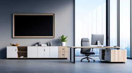 This contemporary office features elegant furnishings, sleek lines, and a calming color palette, creating an inspiring workspace that promotes productivity and creativity.