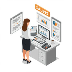 Isometric Sales Report Illustration: Office Scene with Detailed Salesgirl at Work.