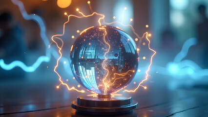 A mesmerizing plasma ball with glowing lightnings showcasing energy power innovation and technology development and research