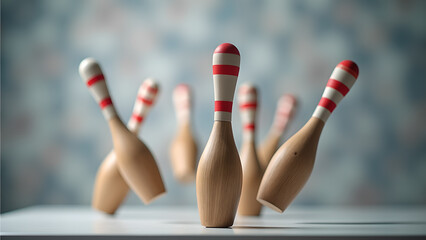 Striking success and game of bowling with wooden pins scattering after a ball hit them
