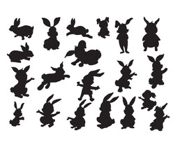 Cute cartoon hand drawn vector set of rabbits silhouette.