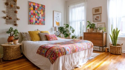 eclectic bedroom interior, mix of vintage and modern elements, colorful textiles, art on walls, white base, plants, warm lighting, cozy