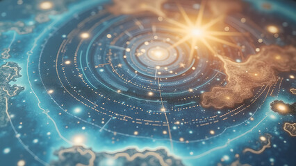 Abstract cosmic map with glowing stars and intricate details offering a sense of exploration and discovery