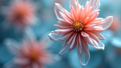 Delicate beauty: soft pink dahlia flower against a serene turquoise background, a study in floral elegance