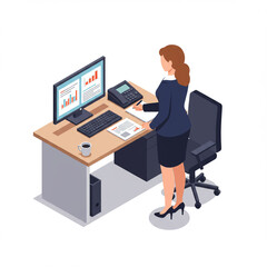 Isometric Salesgirl Prospecting for Clients in a Clean Office Setting. High Detail.