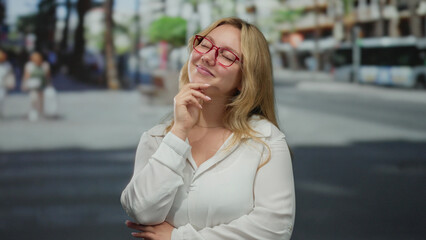 Obraz premium Woman smiling outdoors with blonde hair wearing glasses and a white shirt standing on a busy city street with a thoughtful expression against a blurred background.