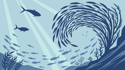 An abstract blue background adorned with swimming fish, playful dolphins, and flying birds creates a seamless aquatic and sky illustration