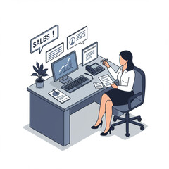 Isometric Salesgirl Resolving Customer Issues in a Bright Office Setting.