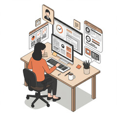 Isometric UI Designer: Woman Working on Interface Design at Desk, Isolated.