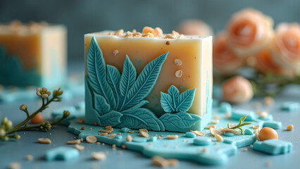 Artisanal handmade soap with botanical elements and floral accents for wellness and relaxation concept