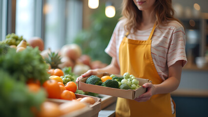 Woman in apron working at local grocery store holding box with fresh broccoli and grapes