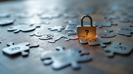 Conceptual security puzzle: Padlock with question mark amidst scattered jigsaw pieces on a wooden surface