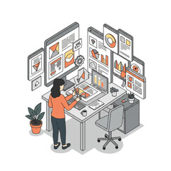 Isometric Woman Designing App in Creative Office, Isolated on White. High Detail.