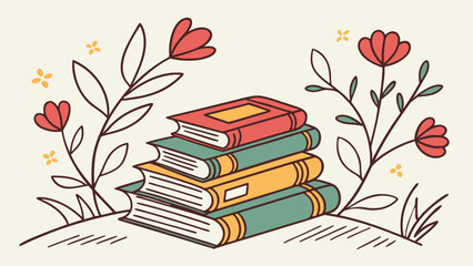 Stack of old open books with flowers, symbolizing knowledge and the beauty of literature