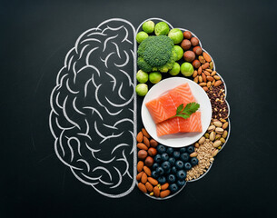 creative brain paired with healthy food rich in nutrients important for mental health.
