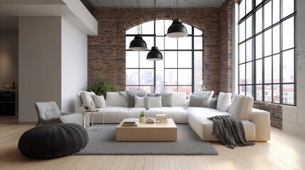 modern loft living room, exposed brick wall, high ceiling, large industrial windows, minimalist furniture, neutral colors, cozy textiles, spacious