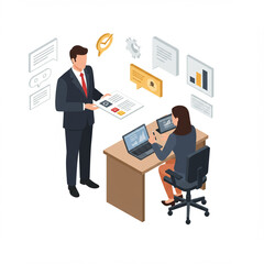 Satisfied Employee Receives Praise from Manager in Isometric Office Setting.