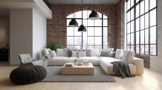 modern loft living room, exposed brick wall, high ceiling, large industrial windows, minimalist furniture, neutral colors, cozy textiles, spacious 