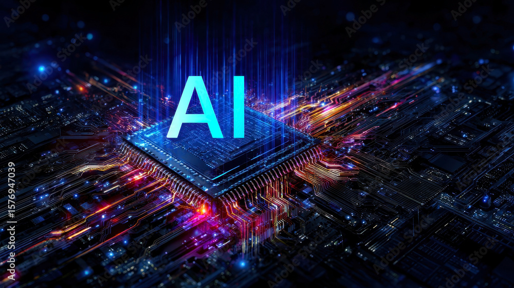 Poster this captivating image showcases a microchip embedded in a vibrant circuit board, highlighting the r