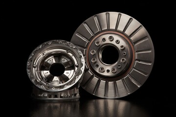 Flywheel and clutch disc kit photographed in angled layout for product presentation