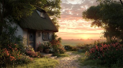 A cozy countryside cottage with a thatched roof and flowering garden path at sunset 