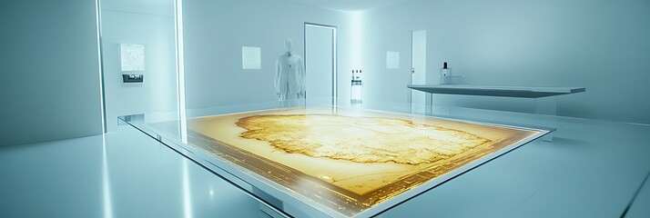 Ancient map holographically reconstructed on futuristic glass table in minimal lab interior