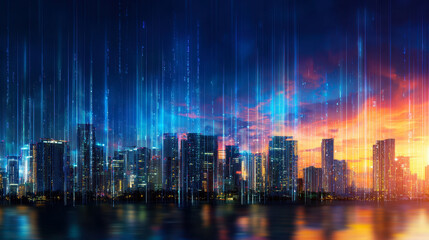 This stunning urban skyline merges breathtaking colors of twilight with digital light elements, creating a futuristic cityscape that pulsates with vibrant energy and innovation.